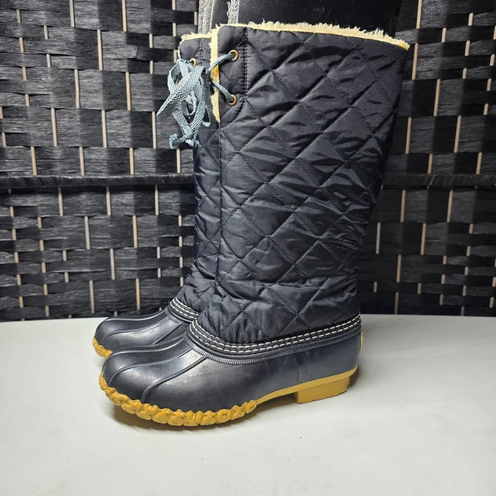 LL Bean Quilted Tall Duck Boots Women 6M Black Fleece Lined Waterproof Maine USA